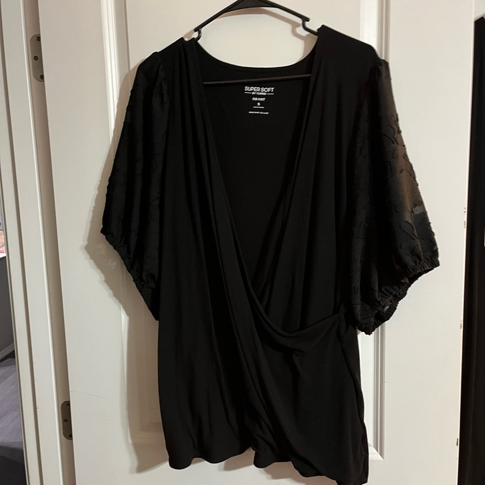 LOWEST PRICE AVAILABLE-Torrid Black Draped Blouse with Lace Sleeves